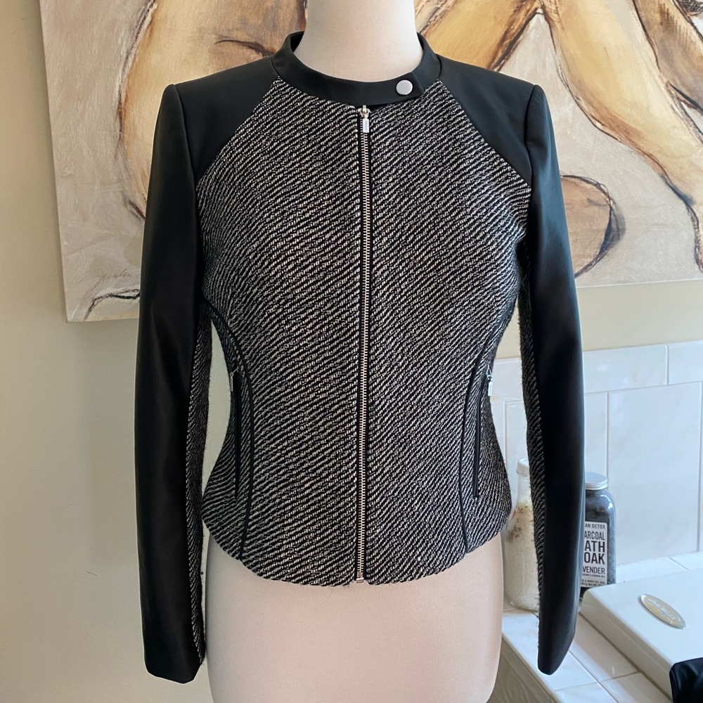 Calvin Klein Wool Tweed and Faux Leather Jacket